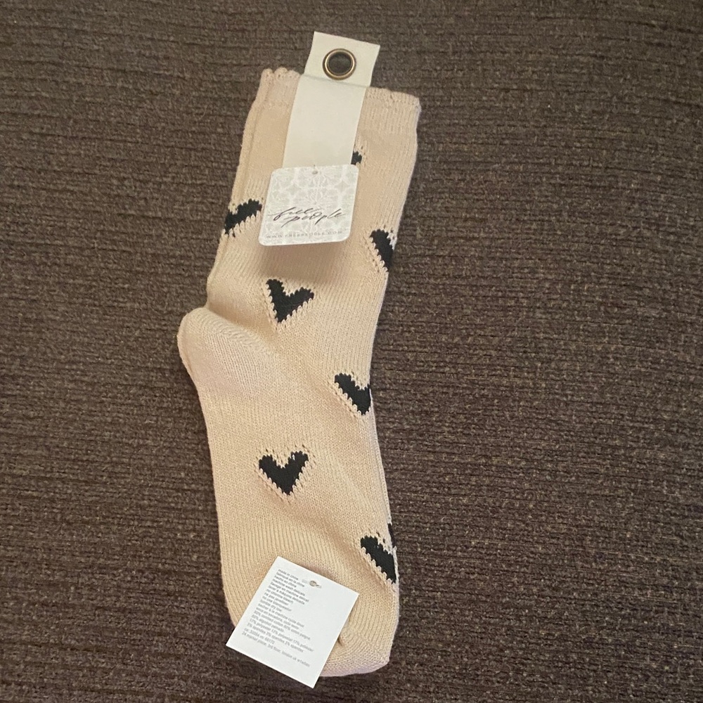 Free People Beige Socks with Black Heart Motif
